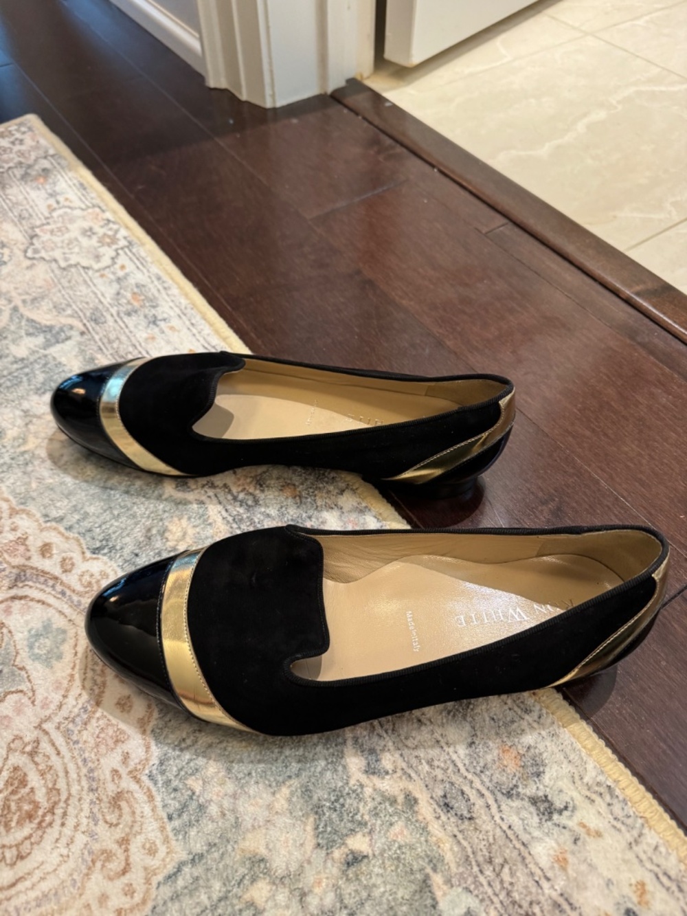 Ron White Black Suede Smoking Loafers with Gold & Patent Trim — Size 39.5 - Picture 4 of 5